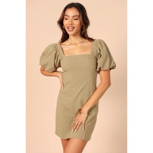 SNDY's Dresses & Skirts - SNDYS Revolve Dress L Olive Tuscany Linen Mini Puff Sleeves Cottagecore Party‎